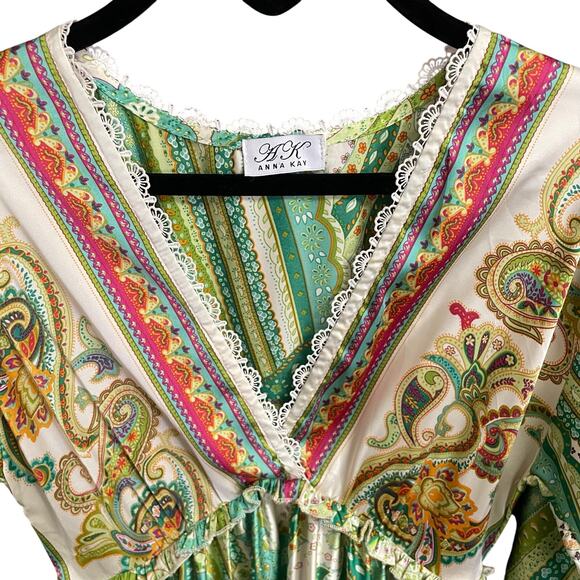 Anna Kay Lace Trim V Neck Satin Maxi Dress Green Multi Paisley Print Size Small? - Picture 5 of 8